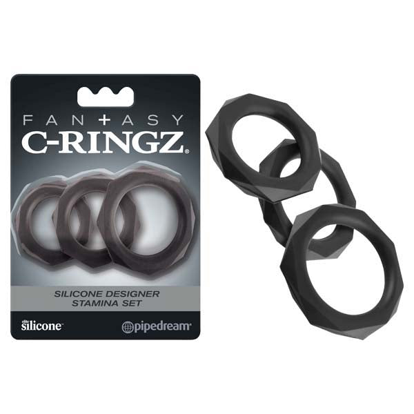 Fantasy C-Ringz Silicone Designer Stamina Set - Black Cock Rings - Set of 3 Sizes